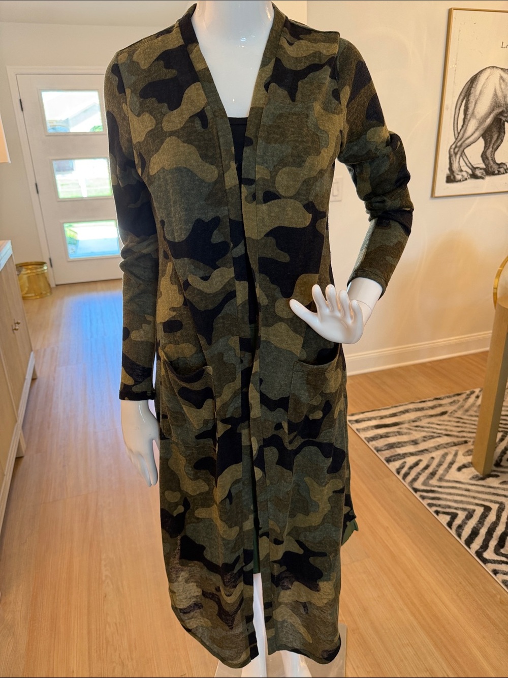 Camo Open-Front Long Cardigan Jacket - Olive Green